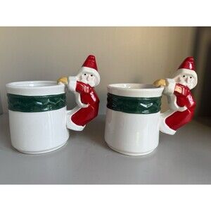 Pair 3D Vintage Pier One SANTA HANDLE Christmas Coffee Mug by Boston Warehouse